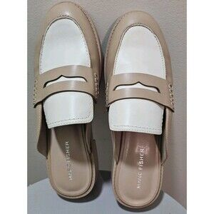 Marc Fisher Slip-On Backless Mules Penny Loafer Style Beige And White Size 8.5M
